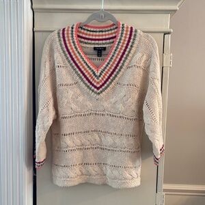 Tribal Cream V-Neck Sweater with Red and Pink Stripes